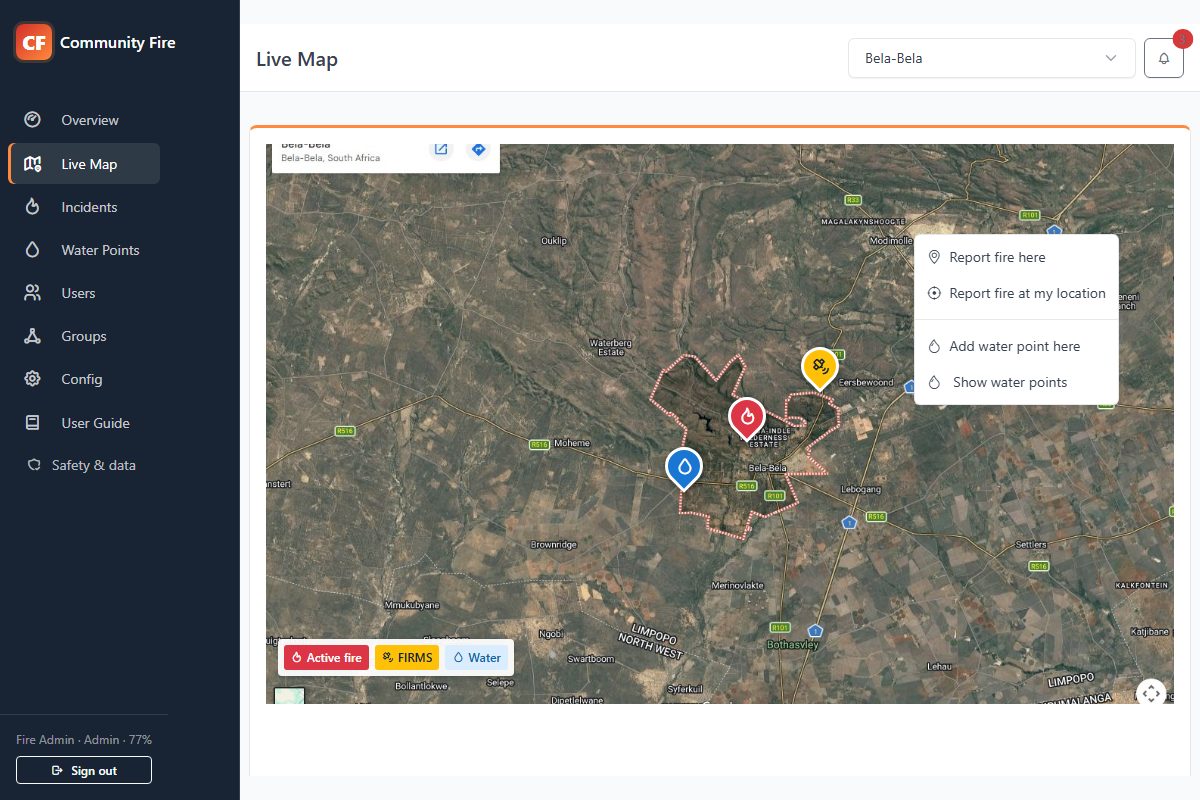 Community Fire live map showing the Bela-Bela boundary, fire reports, FIRMS detections and water points