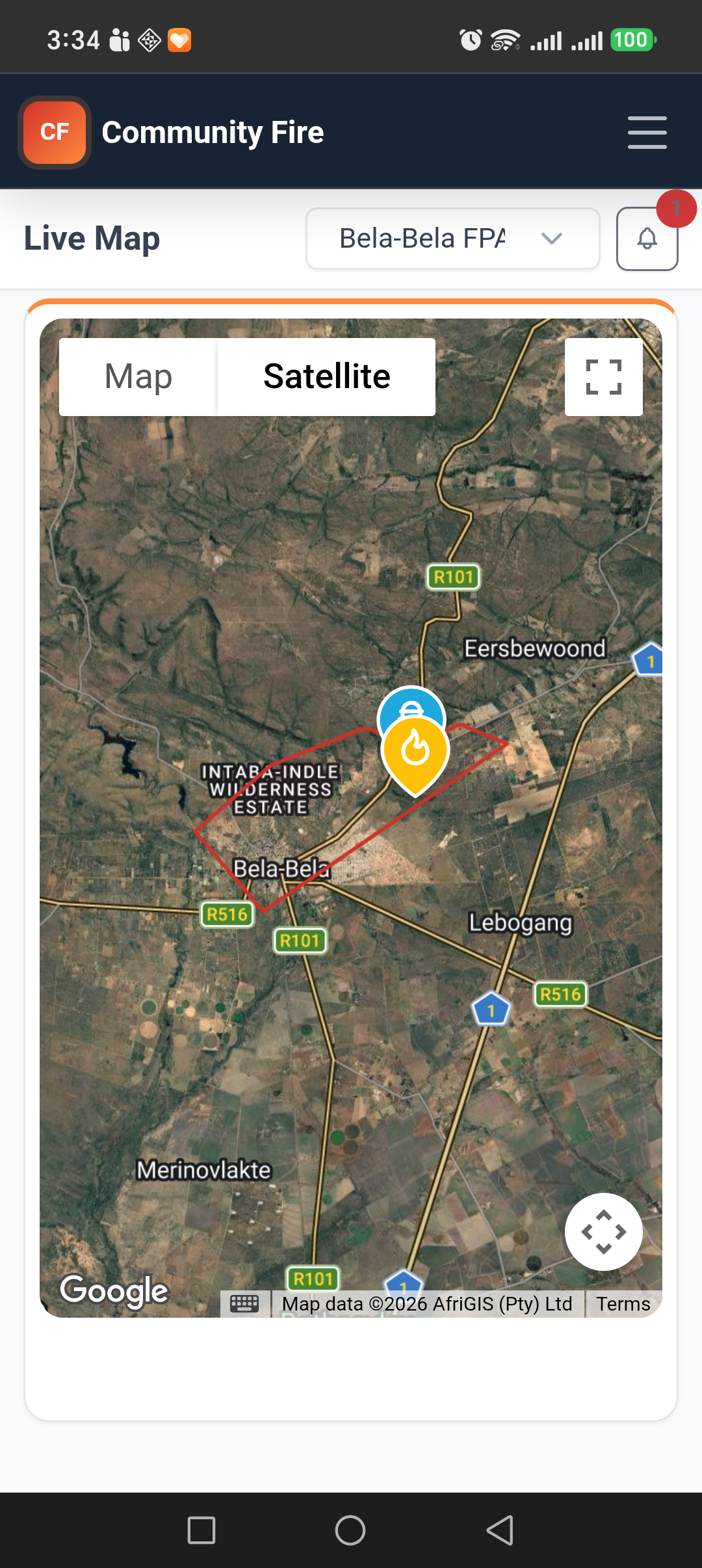 Community Fire mobile live map showing the Bela-Bela FPA boundary, active fire and water point
