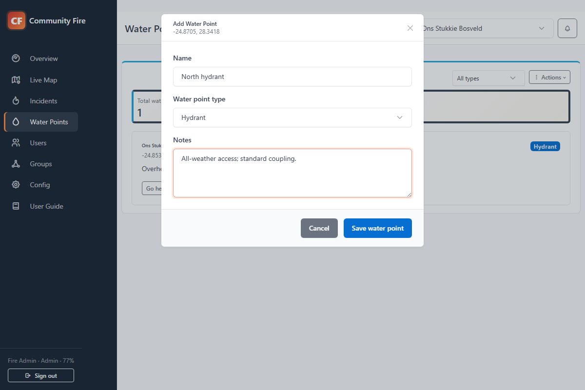 Community Fire form for naming and describing a water point
